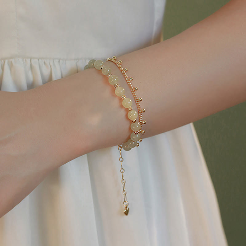 Pulsera de prosperidad de la suerte con cuentas de jade hetiano de 2 capas chapada en oro de 14 quilates
