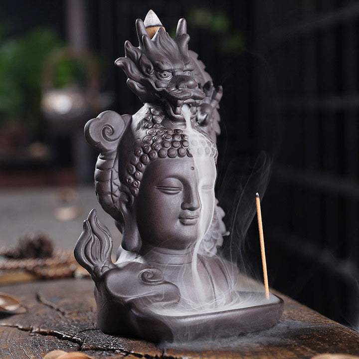 Buddha Stones, dragón, Buda, nubes propicias, arcilla púrpura, decoración de quemador de incienso curativo