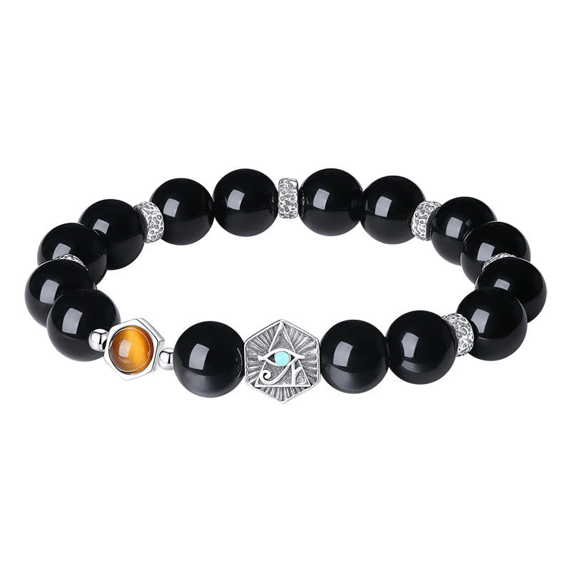 Pulsera de purificación de ojo de tigre de obsidiana negra de plata de ley 925 con Buddha Stones