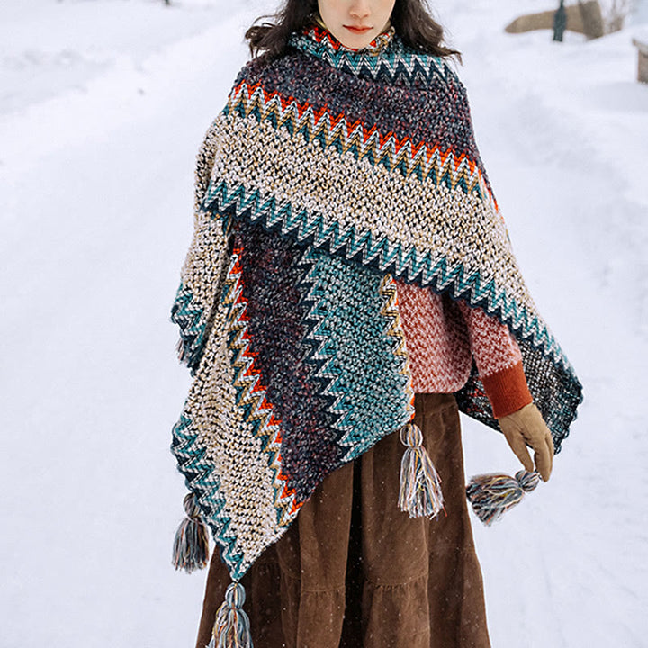 Mantón tibetano de Buddha Stones , bufanda cálida con borlas y patrón ondulado azul, Beige y rojo para invierno