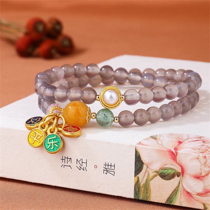 Pulsera de doble vuelta con dije de paz y alegría de ágata gris natural con Buddha Stones