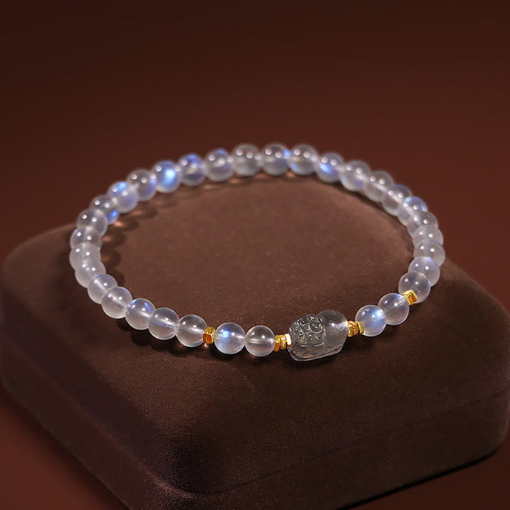 Pulsera curativa PiXiu de piedra lunar natural chapada en plata de ley 925 con Buddha Stones