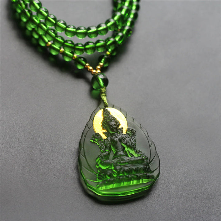 Buddha Stones Tara Verde Tibetana Buda Chapado en Oro Liuli Collar de protección de Cristal Colgante - Tara verde hoja - Versión de luz de Buda - image 7
