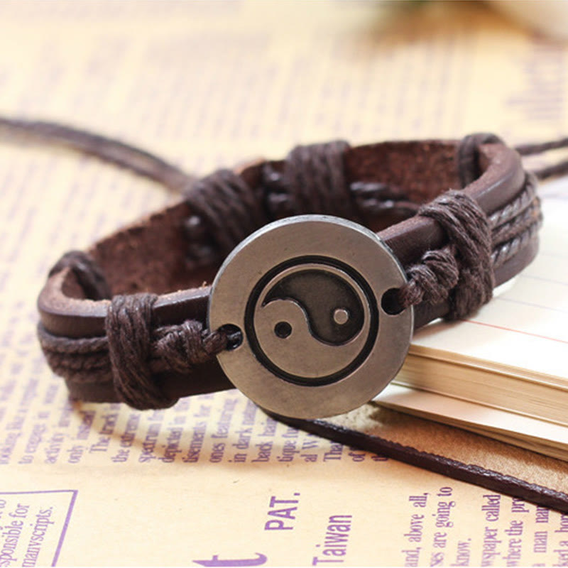 Pulsera de cuerda de armonía de cuero retro Yin Yang de Buddha Stones