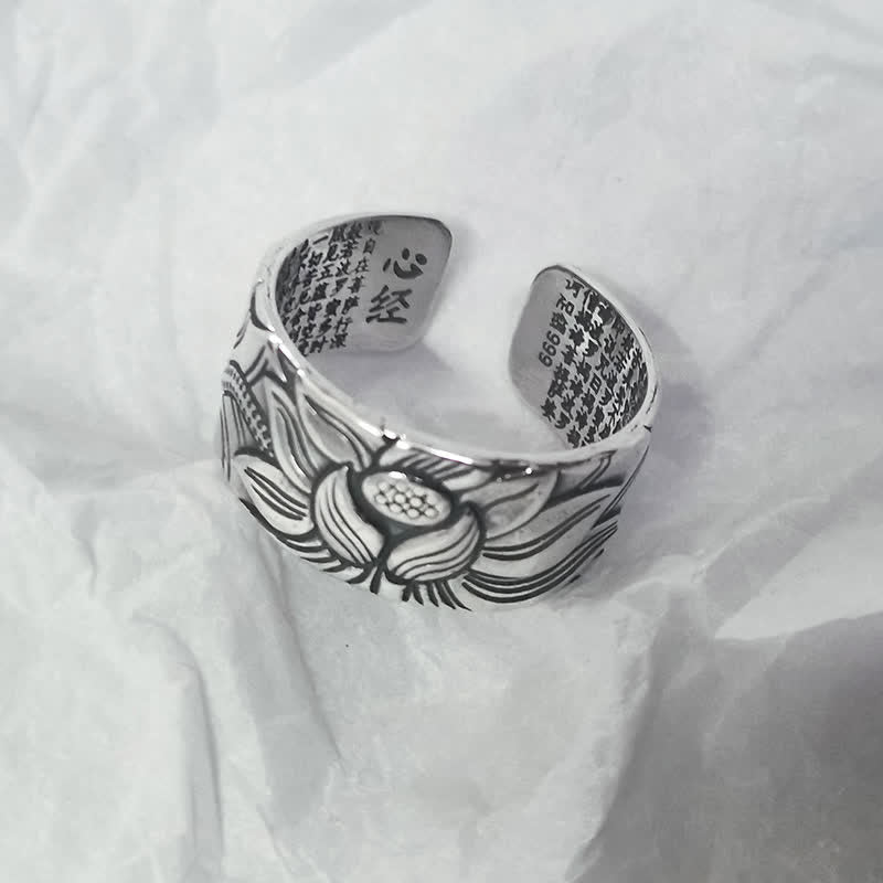 Anillo de protección Sutra de corazón con símbolo de loto de plata de ley 999 con Buddha Stones
