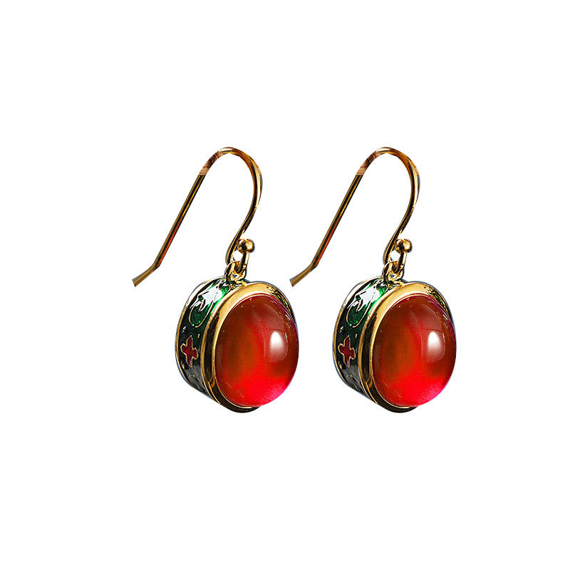 Pendientes colgantes con forma de gancho de confianza de corindón rojo redondo con Buddha Stones