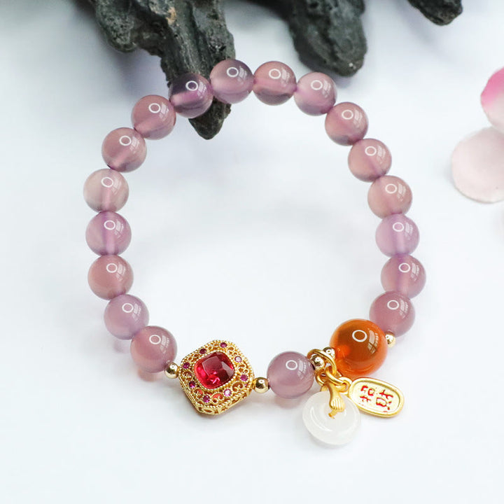 Buddha Stones, Calcedonia púrpura Natural, ágata de caramelo, hebilla de la paz, pulsera con amuleto de la suerte y la armonía
