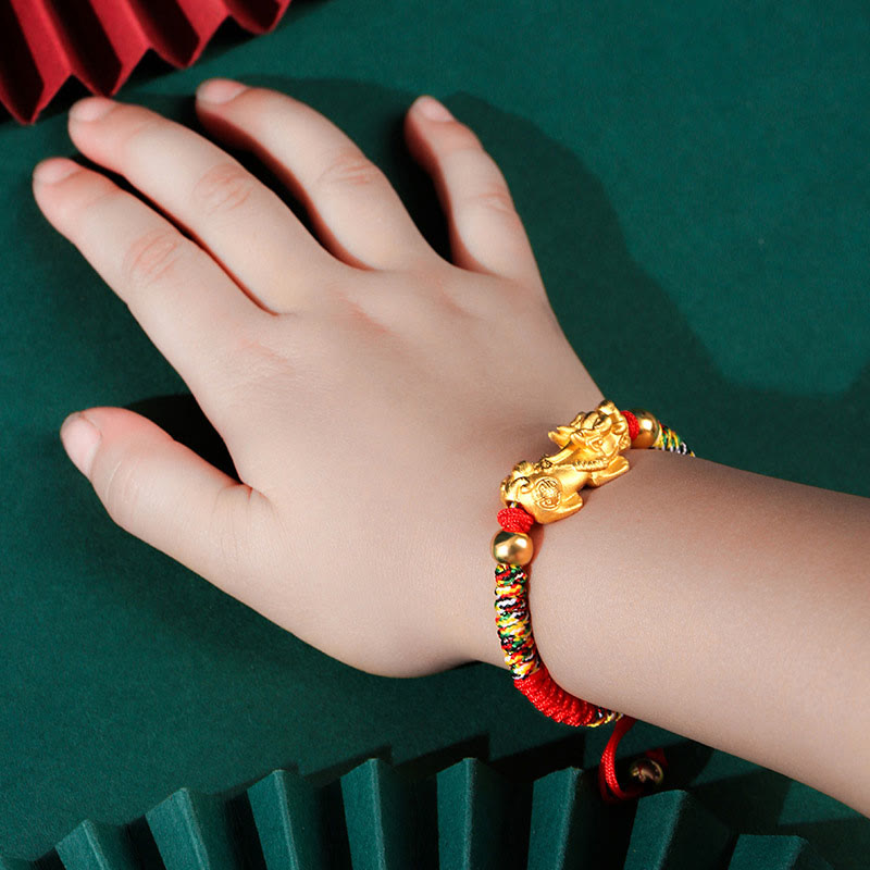 Pulsera de plata de ley 999 con Buddha Stones PiXiu Wealth King Kong con nudo trenzado para niños - PiXiu dorado de plata de ley 999 - Cuerda de colores (tamaño de la pulsera: 12 + 4 cm) - image 1
