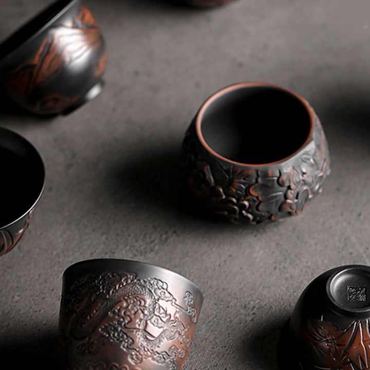 Buddha Stones, hoja de loto, paisaje de flores, dragón, taza de té de cerámica de bambú, tazón de taza de té de Kung Fu