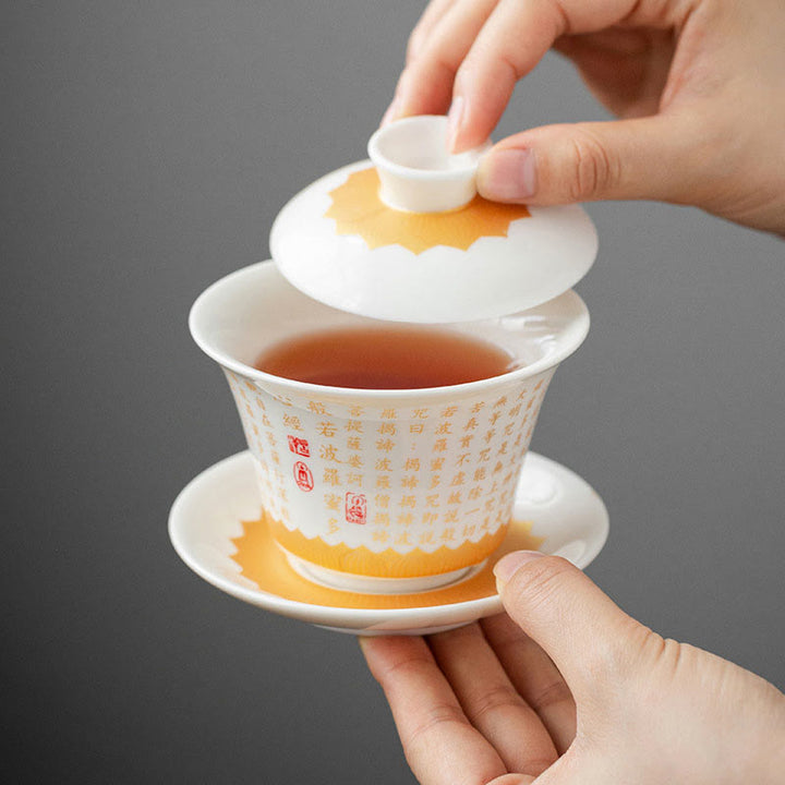 Taza de té y platillo con tapa, taza de té de cerámica Gaiwan, Sutra del corazón budista, Buddha Stones , pequeño personaje Fu, Kung Fu