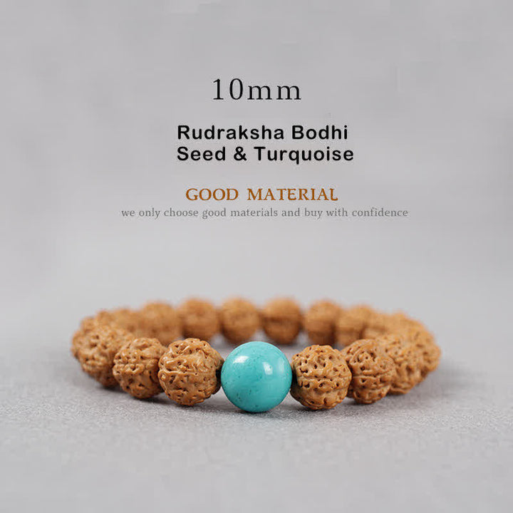 Buddha Stones Tíbet Rudraksha Bodhi Semilla Dzi Cuenta Ámbar Turquesa Pulsera de Riqueza - 10 mm - Semilla de Rudraksha Bodhi y turquesa - image 13
