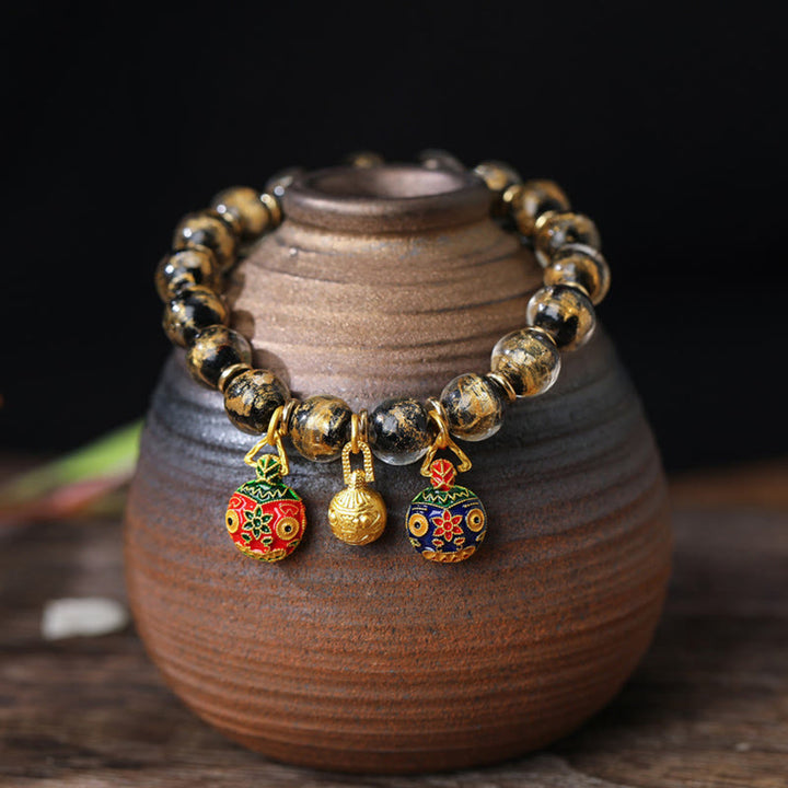 Pulsera de bendiciones de cuentas de vidrio Liuli con Buddha Stones, amuleto familiar de bestia tragadora de oro, lámina dorada y plateada