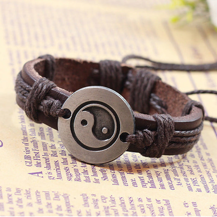 Pulsera de cuerda de armonía de cuero retro Yin Yang de Buddha Stones