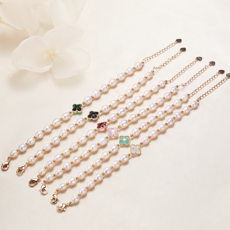Pulsera de cadena de riqueza con trébol de cuatro hojas y perlas de Buddha Stones