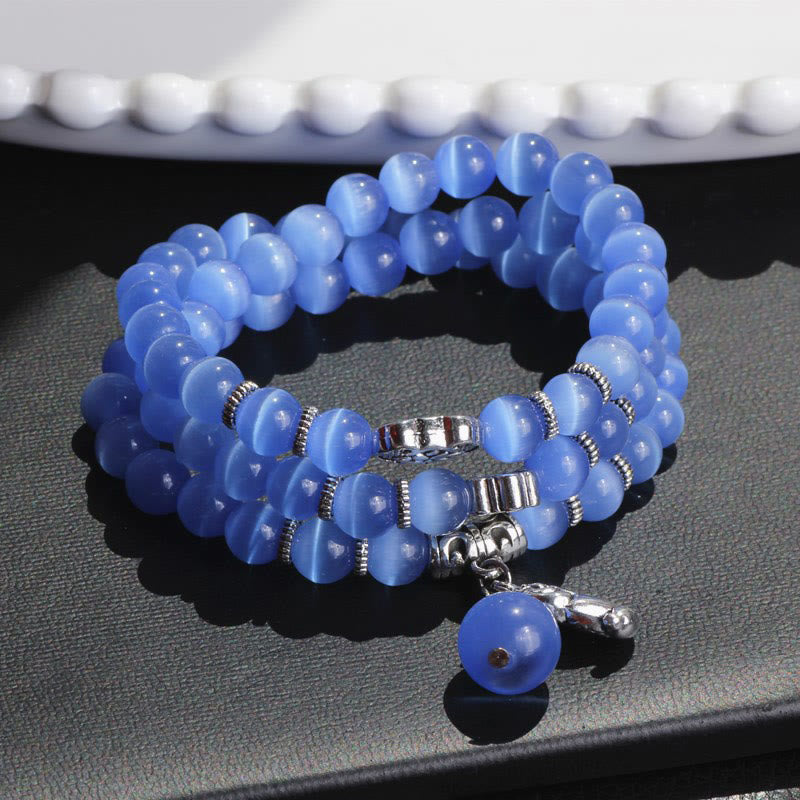 Pulsera de triple vuelta con soporte PiXiu de ojo de gato y Buddha Stones