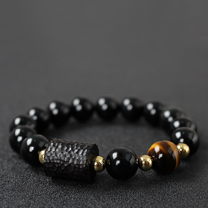 Pulsera de pareja de fuerza de ojo de tigre rojo de madera de ébano de obsidiana negra
