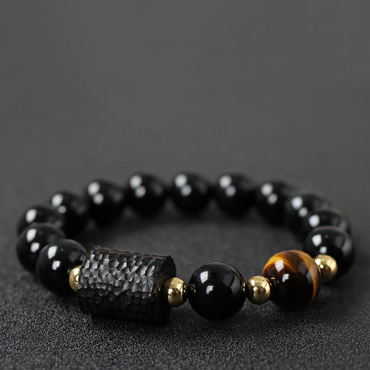 Pulsera de pareja de fuerza de ojo de tigre rojo de madera de ébano de obsidiana negra