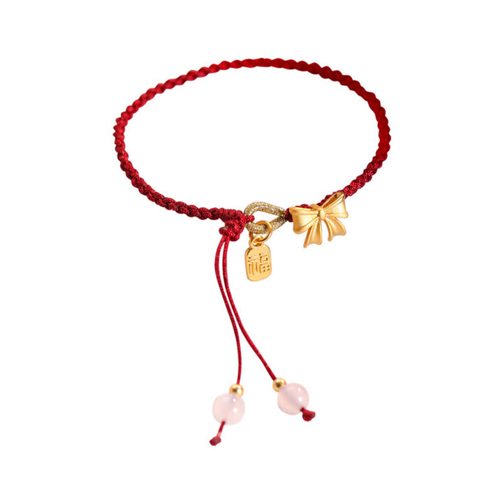 Buddha Stones hechas a mano, flor de melocotón, roseta, lazo, nudo Fu, amuleto, suerte, pulsera de cuerda roja