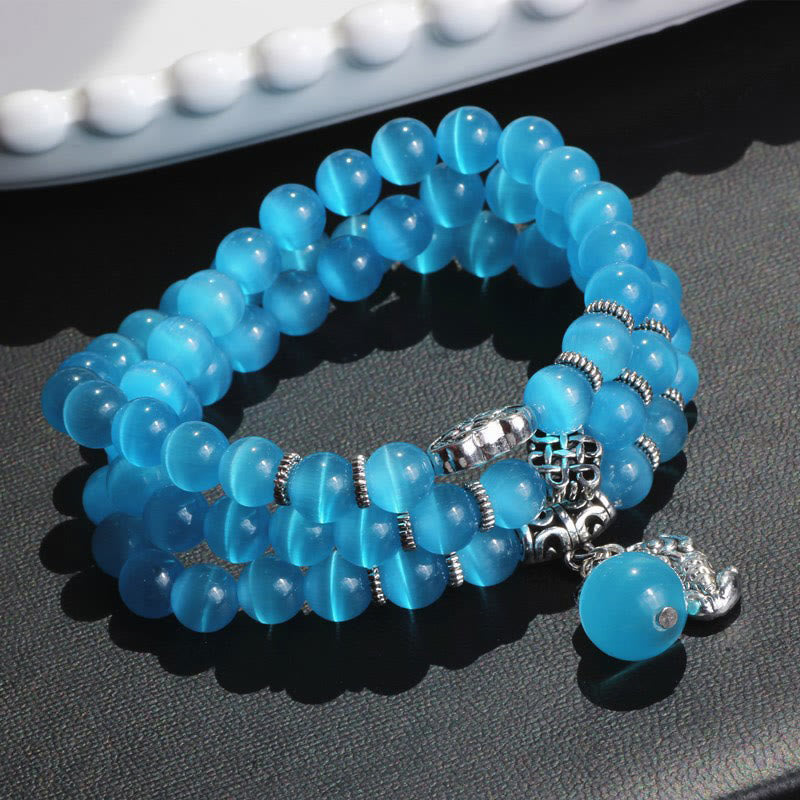 Pulsera de triple vuelta con soporte PiXiu de ojo de gato y Buddha Stones