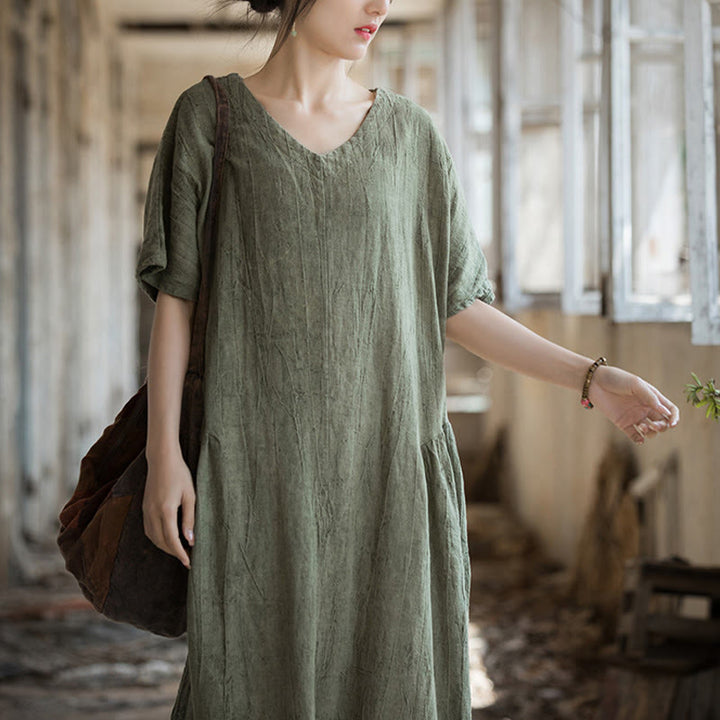 Vestido midi con cuello en V y teñido anudado hecho a mano con Buddha Stones Vestido de manga corta de lino