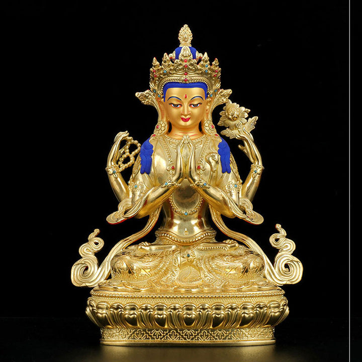 Chenrezig-Estatua chapada en oro y cobre con protección Avalokitesvara de cuatro brazos, decoración