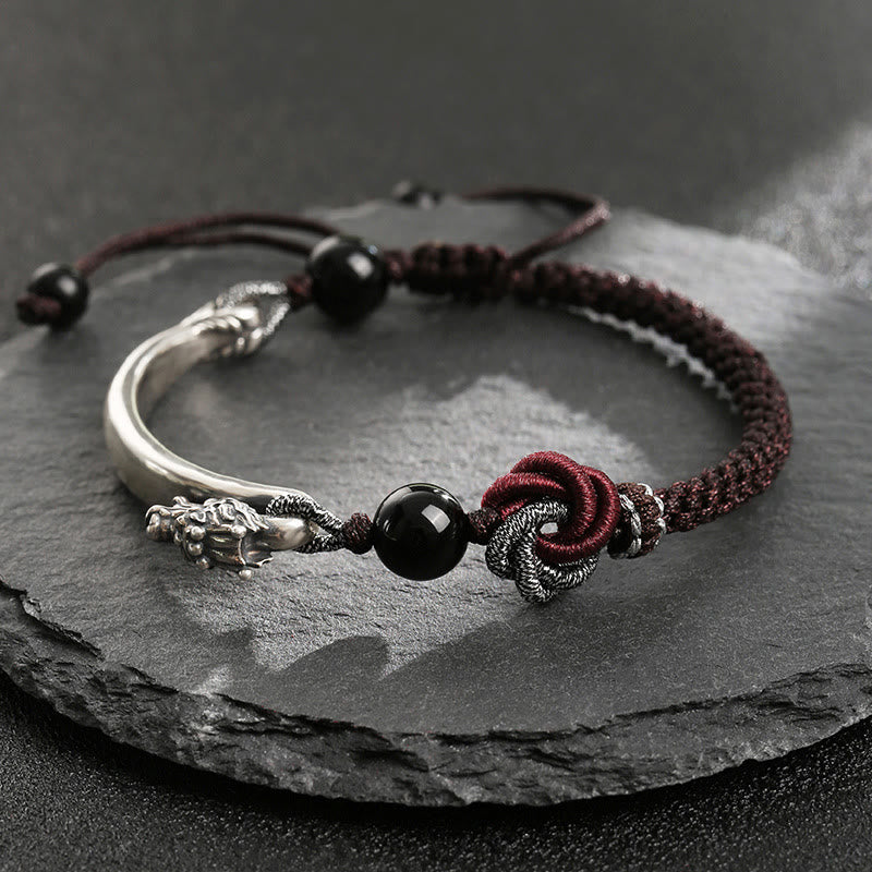 Pulsera trenzada hecha a mano con diseño de dragón auspicioso de plata de ley 925 con Buddha Stones - 16+8 cm - image 0