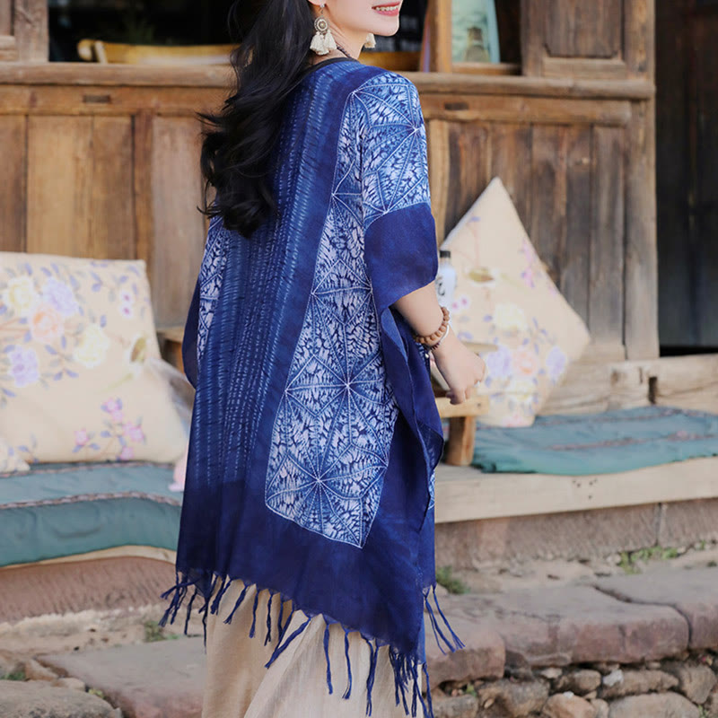 Jersey de viaje acogedor con borlas y chal Batik de rayas geométricas azules con Buddha Stones 90*95cm