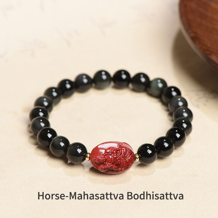 Pulsera de purificación de cinabrio de obsidiana negra Natural de Buda natal del zodiaco chino con Buddha Stones