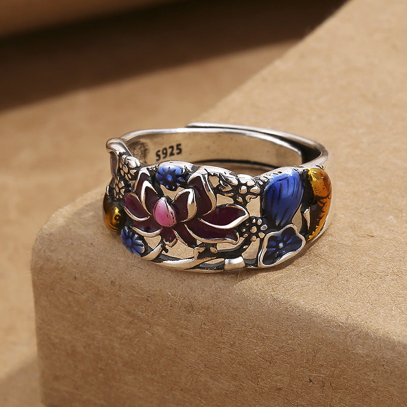 Anillo de riqueza de la suerte con diseño de hojas de flor de loto y peces Koi de Buddha Stones