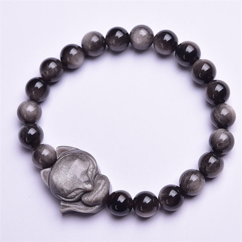 Pulsera de protección de zorro de obsidiana brillante de plata natural con Buddha Stones