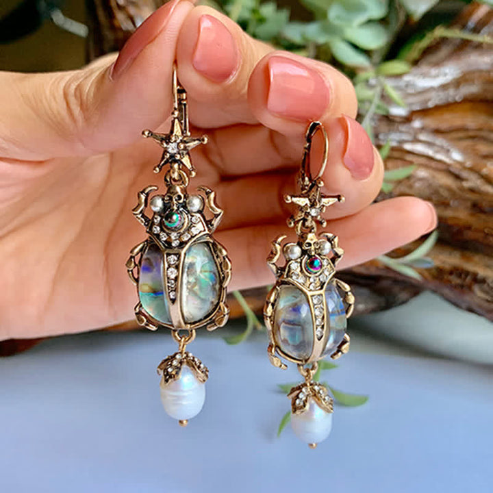 Pendientes colgantes con forma de calavera y escarabajo, estilo vintage, con perlas de cristal y escarabajo