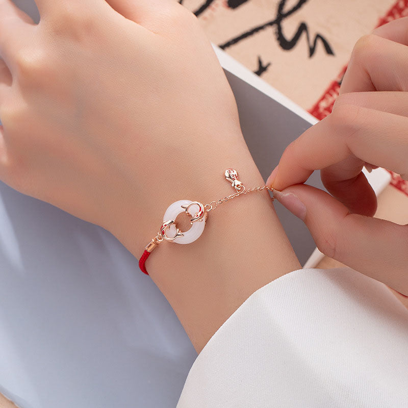 Pulsera con amuleto de la suerte y la suerte, hebilla doble de pez Koi, Jade blanco, Buddha Stones