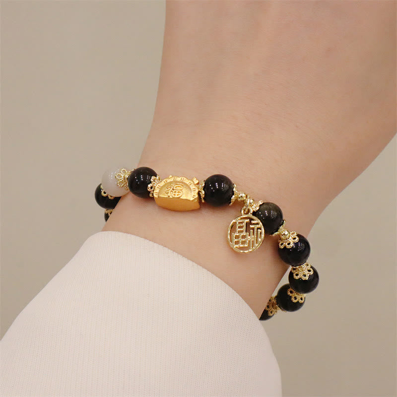 Buddha Stones Año del Dragón Ágata roja Cuarzo fresa Obsidiana negra Jade Granate Perla Cinabrio Bola de masa Dragón Suerte Fu Pulsera con personajes