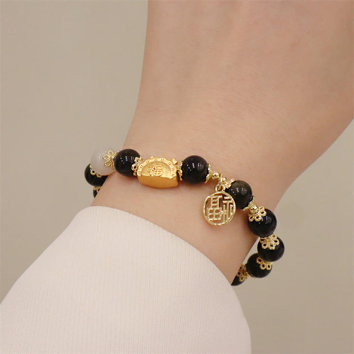 Buddha Stones Año del Dragón Ágata roja Cuarzo fresa Obsidiana negra Jade Granate Perla Cinabrio Bola de masa Dragón Suerte Fu Pulsera con personajes