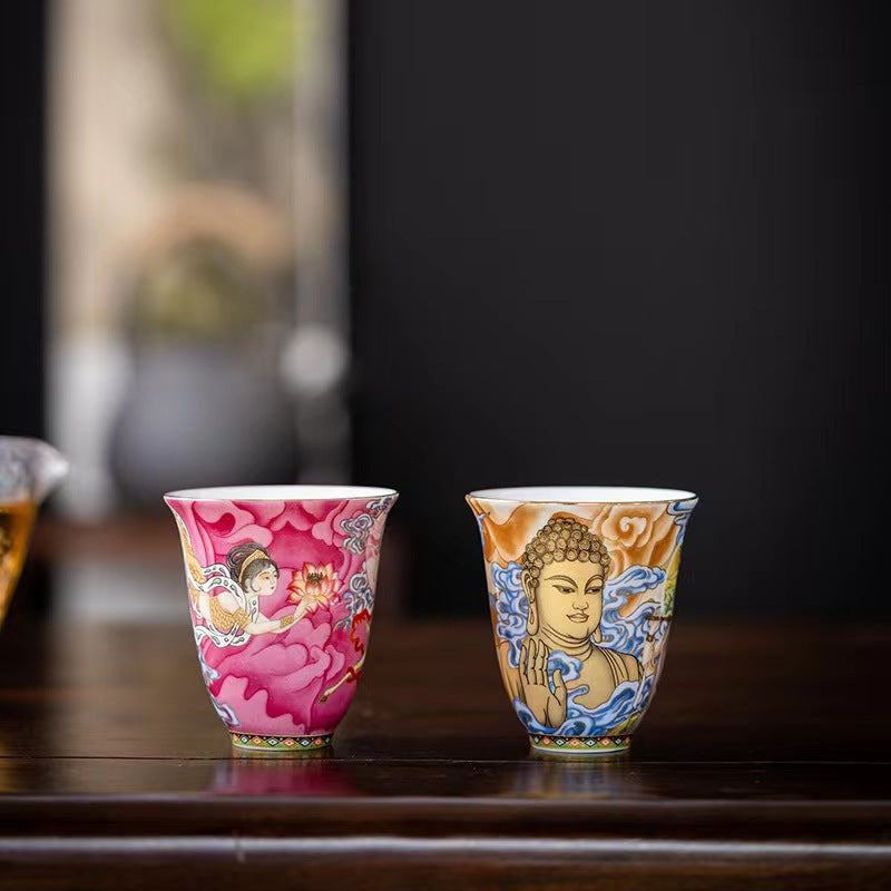 Taza de té de Kung Fu con Buddha Stones, color Dunhuang, Apsaras voladoras
