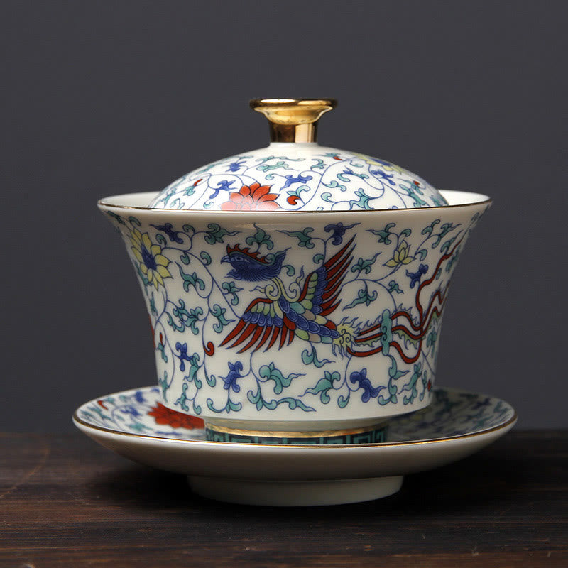 Buddha Stones Retro, flor de ciruelo, pino, bambú, Phoenix, Kirin, cerámica, Gaiwan Sancai, taza de té de Kung Fu y platillo con tapa