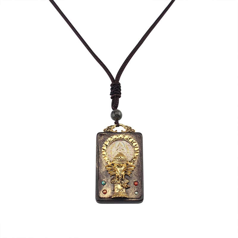 Colgante de cuerda con collar de bendición de Buda, Dios de la fortuna, elefante de madera de ébano