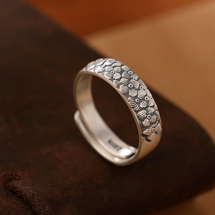 Anillo de iluminación grabado con Buddha Stones de plata de ley 999, flor de loto, flor de ciruelo, nubes auspiciosas - Flor de ciruelo - image 4