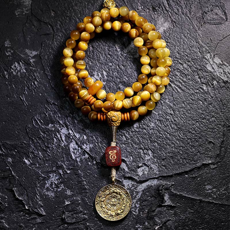 Pulsera con borlas de protección Dorje de cobre y ojo de tigre Natural, 108 cuentas de Mala , Buddha Stones