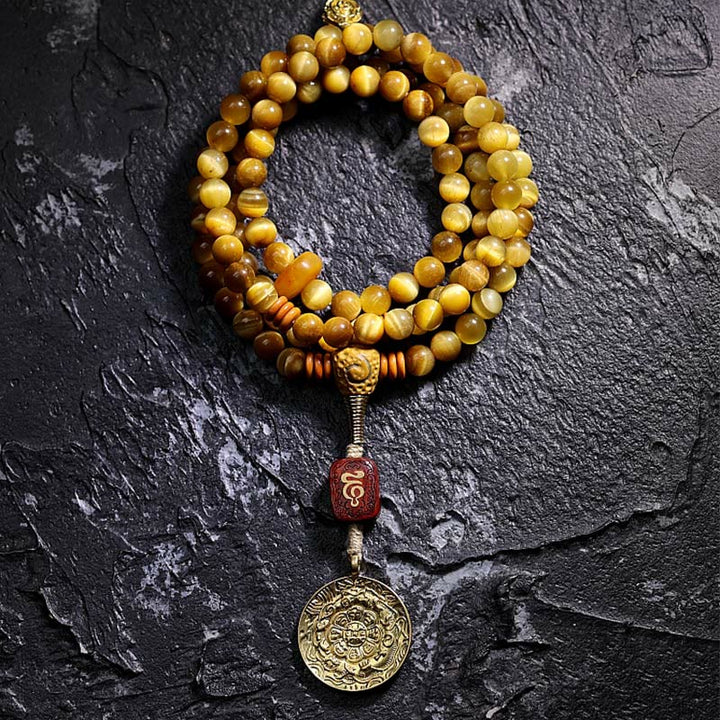 Pulsera con borlas de protección Dorje de cobre y ojo de tigre Natural, 108 cuentas de Mala , Buddha Stones