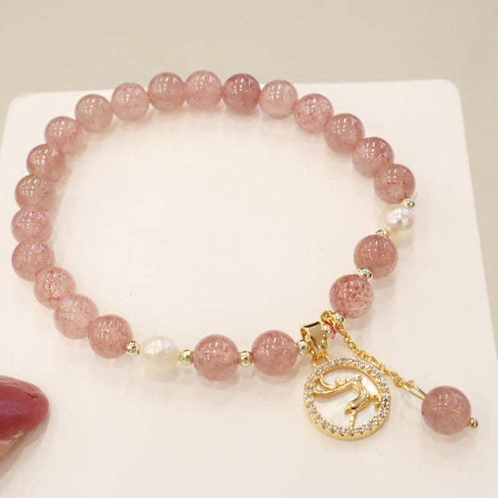 Pulsera curativa con dije de personaje Fu de cola de pez con cara sonriente de alce y perlas de cuarzo fresa con Buddha Stones
