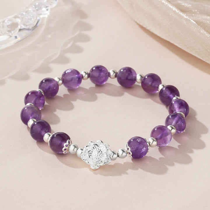 Pulsera espiritual de loto de amatista natural de plata de ley 925 con Buddha Stones