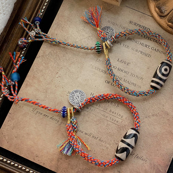 Pulsera trenzada de protección de cuentas Dzi hecha a mano Om Mani Padme Hum de plata de ley 925 tibetana