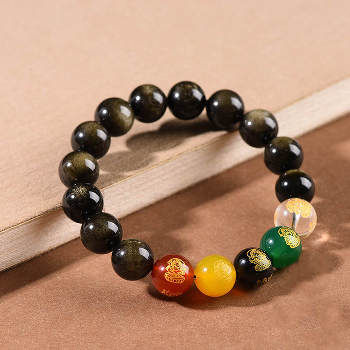 Buddha Stones Obsidiana con brillo dorado Obsidiana arcoíris Obsidiana negra Cinco direcciones Dioses de la riqueza Pulsera