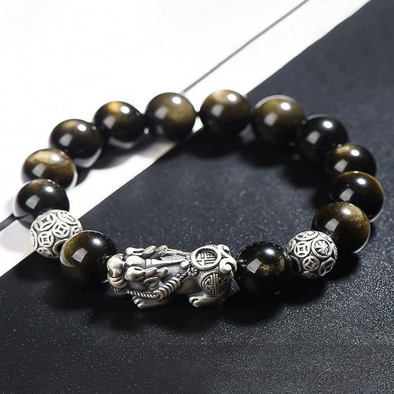 Pulsera de protección de la riqueza PiXiu de obsidiana brillante de oro natural de plata de ley 925 con Buddha Stones