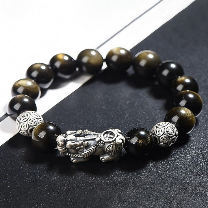 Pulsera de protección de la riqueza PiXiu de obsidiana brillante de oro natural de plata de ley 925 con Buddha Stones