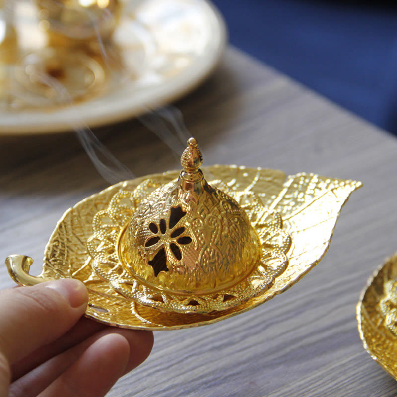 Quemador de incienso de meditación con posavasos de mini hojas de oro tibetano