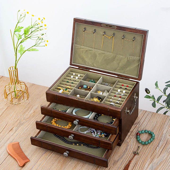 Caja de joyería de madera maciza retro con Buddha Stones, caja de almacenamiento de joyería de madera de cuatro capas