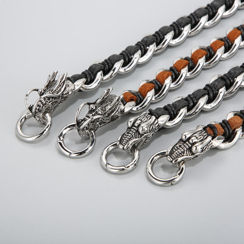 Pulsera trenzada de la suerte con protección de acero titanio y cuero de dragón