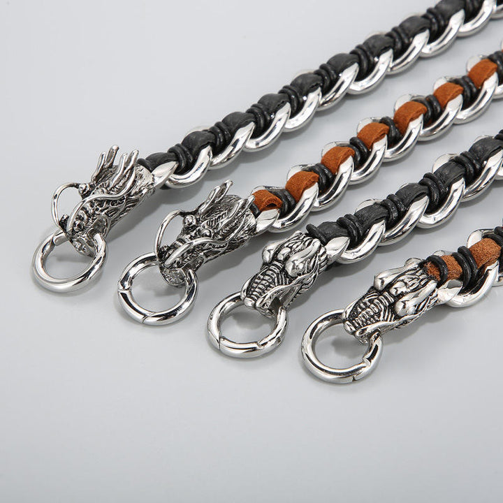 Pulsera trenzada de la suerte con protección de acero titanio y cuero de dragón